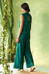 Shop_Charkhee_Green Chanderi, Voile Embroidery V-neck Peacock Jacket And Pant Set _at_Aza_Fashions