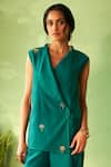Charkhee_Green Chanderi, Voile Embroidery V-neck Peacock Jacket And Pant Set _at_Aza_Fashions