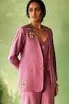 Charkhee_Purple Chanderi, Voile Embroidery V-neck Set _Online_at_Aza_Fashions