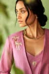 Charkhee_Purple Chanderi, Voile Embroidery V-neck Set _at_Aza_Fashions