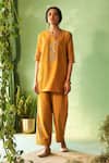 Buy_Charkhee_Mustard Chanderi, Voile Embroidery Round Neck Yellow Kurta Pant Set _at_Aza_Fashions
