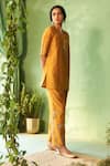 Buy_Charkhee_Mustard Chanderi, Voile Embroidery Round Neck Yellow Kurta Pant Set _Online_at_Aza_Fashions