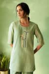 Charkhee_Green Chanderi, Voile Embroidery Round Neck Tea Kurta Pant Set _Online_at_Aza_Fashions
