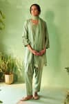 Charkhee_Green Chanderi, Voile, Cotton Satin, Organza Embroidery V-neck Tea Kurta Set _at_Aza_Fashions