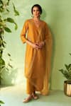 Buy_Charkhee_Mustard Chanderi, Voile, Cotton Satin, Organza Embroidery Yellow Kurta Set _at_Aza_Fashions