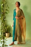 Shop_Charkhee_Green Chanderi, Voile, Cotton Satin, Organza Embroidery Peacock Kurta Set 