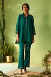 Buy_Charkhee_Green Chanderi, Voile, Cotton Satin Embroidery Collared Peacock Kurta Pant Set _at_Aza_Fashions