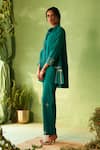 Buy_Charkhee_Green Chanderi, Voile, Cotton Satin Embroidery Collared Peacock Kurta Pant Set _Online_at_Aza_Fashions