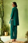 Shop_Charkhee_Green Chanderi, Voile, Cotton Satin Embroidery Collared Peacock Kurta Pant Set _at_Aza_Fashions