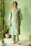 Shop_Charkhee_Green Chanderi, Voile, Cotton Satin, Organza Embroidery Tea Kurta Pant Set _Online_at_Aza_Fashions