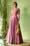 Shop_Charkhee_Purple Chanderi, Voile, Organza Embroidery Round Neck Lehenga Set 