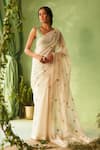 Buy_Charkhee_White Chanderi, Voile Embroidery Scoop Neck Saree And Blouse Set _at_Aza_Fashions