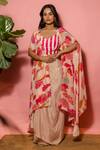 Buy_Meher By Islie_Pink Crepe Beads V-neck Printed Skirt Set With Cape _at_Aza_Fashions