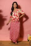 Buy_Meher By Islie_Pink Crepe Embroidery V-neck Printed Hand Skirt Set _at_Aza_Fashions