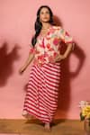 Buy_Meher By Islie_Pink Crepe Embroidery V-neck Printed Hand Skirt Set _Online_at_Aza_Fashions