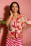 Shop_Meher By Islie_Pink Crepe Embroidery V-neck Printed Hand Skirt Set _Online_at_Aza_Fashions