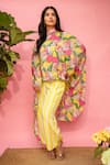 Buy_Meher By Islie_Yellow Crepe High Neck Floral Printed Cape And Pant Set _at_Aza_Fashions