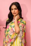 Meher By Islie_Yellow Crepe High Neck Floral Printed Cape And Pant Set _at_Aza_Fashions