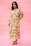 Buy_Meher By Islie_Yellow Crepe Embroidery Split V-neck Floral Printed Kaftan Set _at_Aza_Fashions