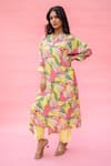 Meher By Islie_Yellow Crepe Embroidery Split V-neck Floral Printed Kaftan Set _Online_at_Aza_Fashions