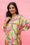 Buy_Meher By Islie_Yellow Crepe Embroidery Split V-neck Floral Printed Kaftan Set _Online_at_Aza_Fashions