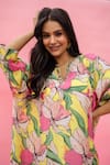 Meher By Islie_Yellow Crepe Embroidery Split V-neck Floral Printed Kaftan Set _at_Aza_Fashions