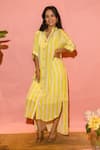 Buy_Meher By Islie_Yellow Crepe Collared Striped Designer Dress _at_Aza_Fashions