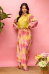 Buy_Meher By Islie_Pink Crepe Tassels Collared Printed And Yellow Skirt Set _at_Aza_Fashions