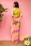 Shop_Meher By Islie_Pink Crepe Tassels Collared Printed And Yellow Skirt Set _at_Aza_Fashions
