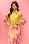Meher By Islie_Pink Crepe Tassels Collared Printed And Yellow Skirt Set _Online_at_Aza_Fashions