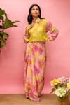Buy_Meher By Islie_Pink Crepe Tassels Collared Printed And Yellow Skirt Set 