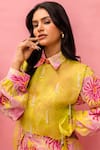 Shop_Meher By Islie_Pink Crepe Tassels Collared Printed And Yellow Skirt Set 