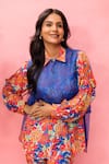 Meher By Islie_Multi Color Crepe Tassels Collared, Round Neck Printed Pant Set With Cape _Online_at_Aza_Fashions