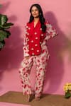 Shop_Meher By Islie_Red Crepe Pearls Collared Printed Pant Set _Online_at_Aza_Fashions