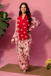 Buy_Meher By Islie_Red Crepe Pearls Collared Printed Pant Set _at_Aza_Fashions