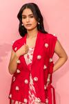 Shop_Meher By Islie_Red Crepe Pearls Round Neck Printed Dress And Coat Set _Online_at_Aza_Fashions