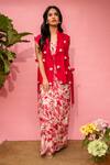 Buy_Meher By Islie_Red Crepe Pearls Round Neck Printed Dress And Coat Set _at_Aza_Fashions