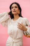 Meher By Islie_White Crepe Tassels Round Neck Floral Printed Designer Dress _Online_at_Aza_Fashions