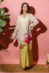Shop_Meher By Islie_White Crepe V-neck Printed Natural Dress With Slip _at_Aza_Fashions
