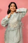 Meher By Islie_Sky Blue Crepe Embroidery Collared Hand Pant Set _Online_at_Aza_Fashions