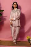 Buy_Meher By Islie_Peach Crepe Embroidery Collared, Round Neck Hand Pant Set _at_Aza_Fashions