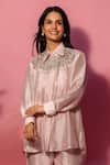 Shop_Meher By Islie_Peach Crepe Embroidery Collared, Round Neck Hand Pant Set _at_Aza_Fashions