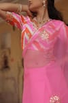 Meher By Islie_Pink Organza Embroidery, Sequins Round Neck Hand Leheriya Kora Saree Set _Online_at_Aza_Fashions