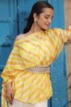 Meher By Islie_Yellow Georgette, Silk Embroidery Off-shoulder, Round Hand Cape Top And Pant Set _Online_at_Aza_Fashions