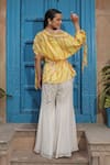 Shop_Meher By Islie_Yellow Georgette, Silk Embroidery Off-shoulder, Round Hand Cape Top And Pant Set _at_Aza_Fashions