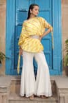 Buy_Meher By Islie_Yellow Georgette, Silk Embroidery Off-shoulder, Round Hand Cape Top And Pant Set _at_Aza_Fashions