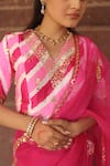 Shop_Meher By Islie_Pink Organza Embroidery V-neck Hot Hand Saree Set _at_Aza_Fashions