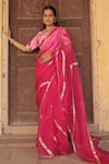 Buy_Meher By Islie_Pink Organza Embroidery V-neck Hot Hand Saree Set _at_Aza_Fashions