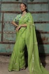 Buy_Meher By Islie_Green Organza Embroidery Round Neck Hand Saree And Blouse Set _at_Aza_Fashions