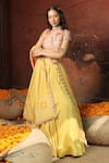 Buy_Meher By Islie_Pink Silk, Georgette Embroidery Round Peach Mustard Yellow Jacket Lehenga Set _at_Aza_Fashions